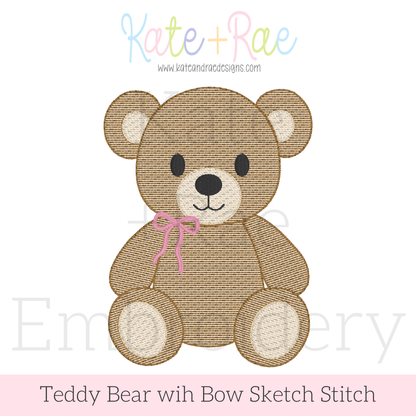 Teddy Bear with Bow Sketch Stitch Embroidery Design