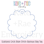 ITH Scalloped Circle Bag Tag Bean Stitch Applique Embroidery Design: Design preview of a blue scalloped circle bean stitch applique bag tag outline