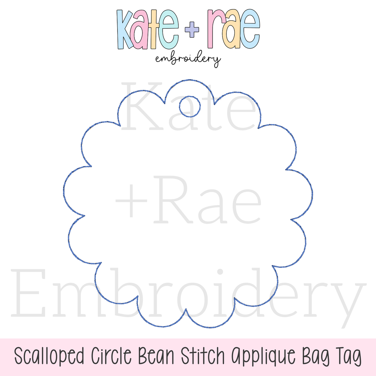 ITH Scalloped Circle Bag Tag Bean Stitch Applique Embroidery Design: Design preview of a blue scalloped circle bean stitch applique bag tag outline