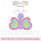 Butterfly Mini Fill Stitch Embroidery Design: Design preview of a mini fill stitch butterfly in purple, pink, aqua, and yellow