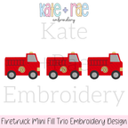 Firetruck Mini Fill Stitch Embroidery Design: Design preview of three red fill stitch firetrucks