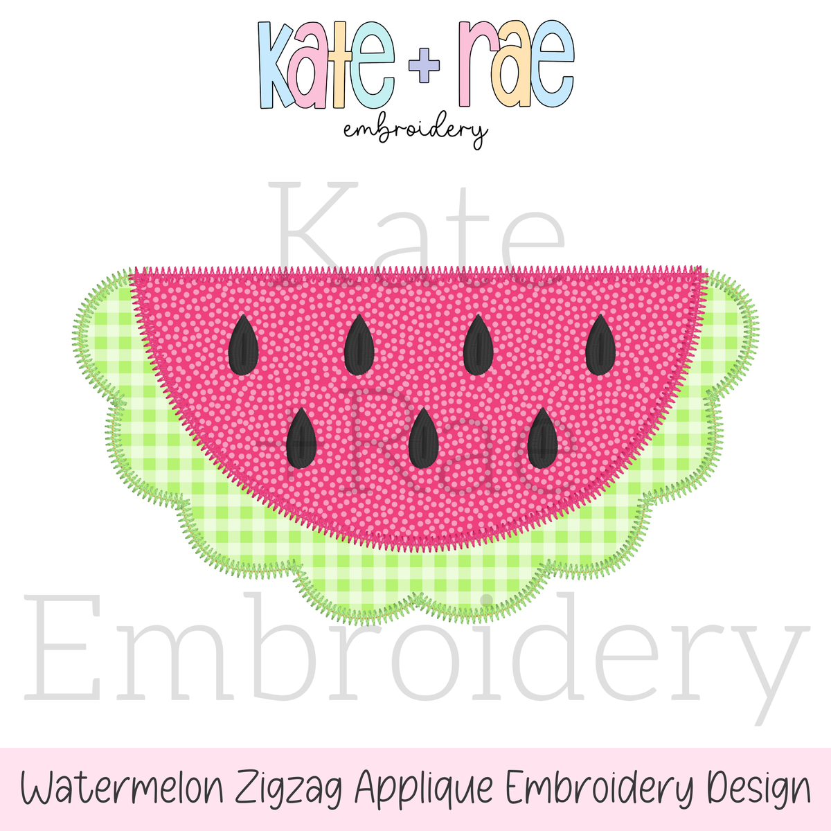 Watermelon Zigzag Applique Embroidery Design: Design preview of a scalloped watermelon zigzag applique with pink fill, black seeds, and green gingham rind