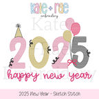 2025 New Year's Sketch Stitch Embroidery Design: Design preview of 2025 in pink, gold, and gray sketch stitch numbers with a party hat, balloons, and happy new year