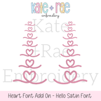 Heart Font Add On Embroidery Design: Design preview of pink heart end add ons in seven sizes for the Hello satin stitch font