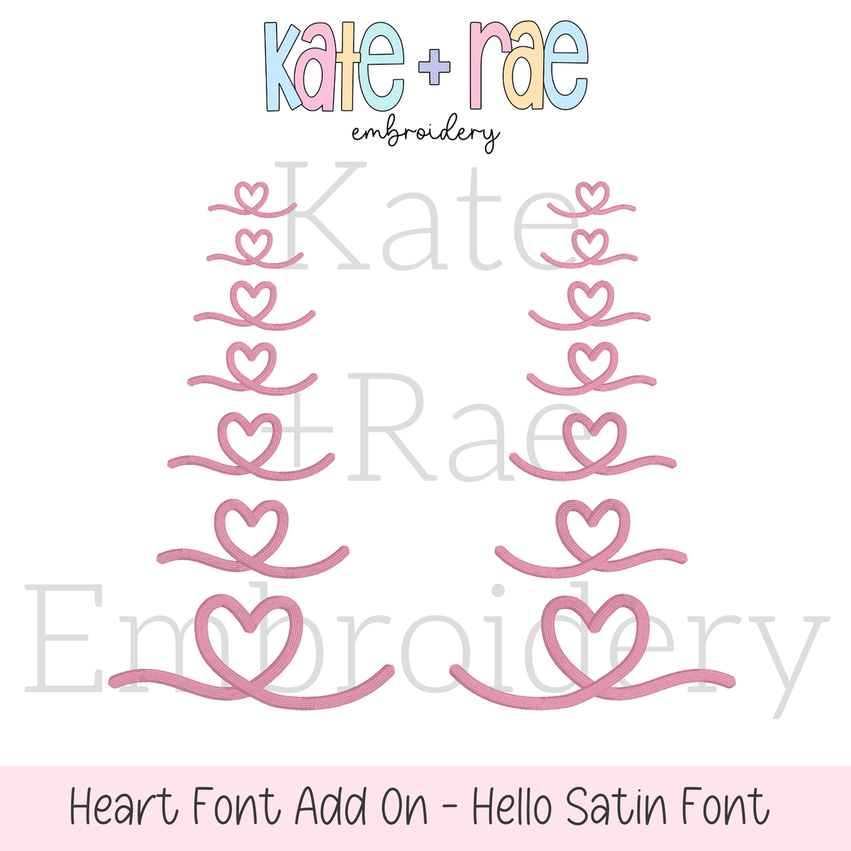Heart Font Add On Embroidery Design: Design preview of pink heart end add ons in seven sizes for the Hello satin stitch font