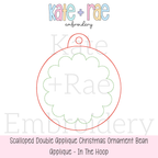 Girls Scalloped Bean Stitch Applique Christmas Ornament In The Hoop Embroidery Design: Design preview of a red and green scalloped double bean applique in the hoop Christmas ornament