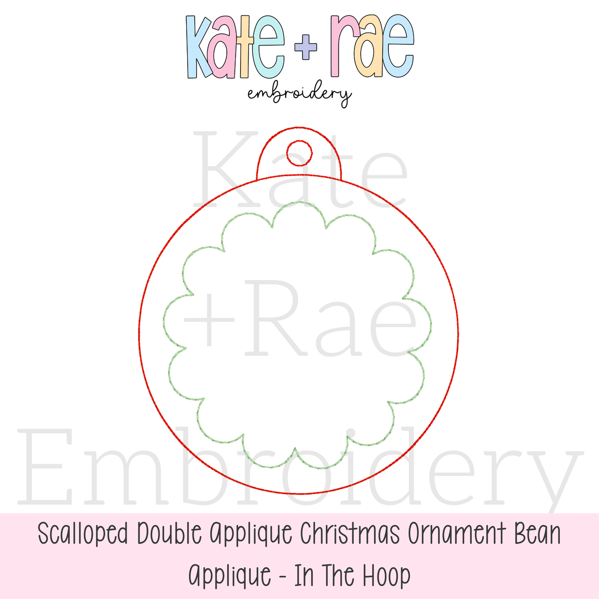 Girls Scalloped Bean Stitch Applique Christmas Ornament In The Hoop Embroidery Design: Design preview of a red and green scalloped double bean applique in the hoop Christmas ornament