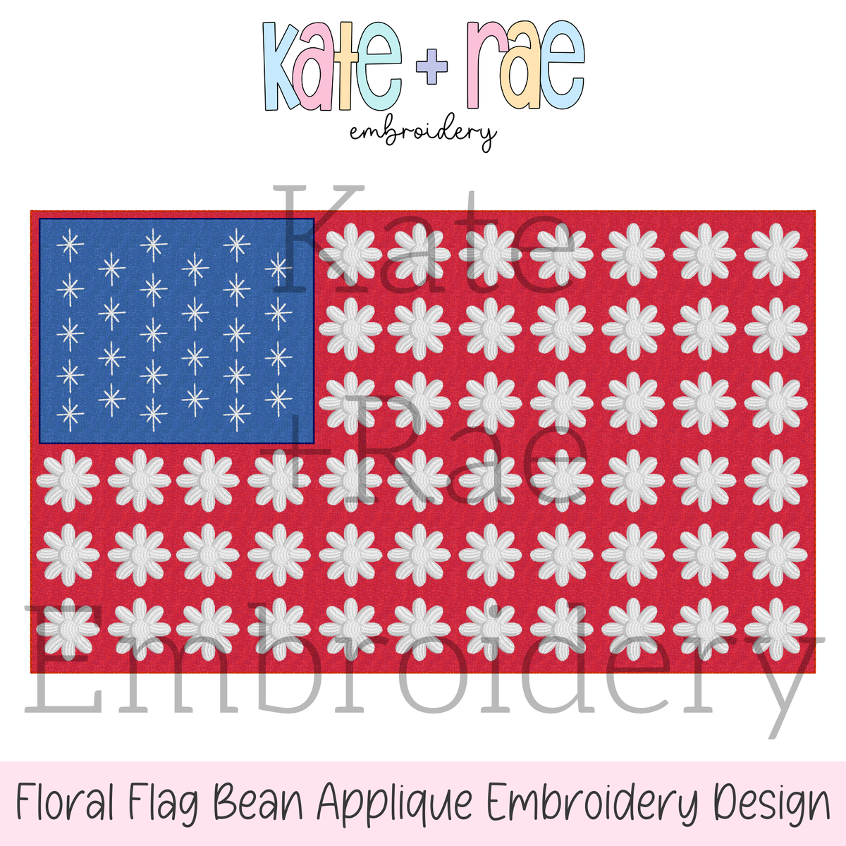 Floral American Flag Bean Stitch Applique Embroidery Design: Design preview of an American flag with a blue field and white daisy stars and stripes