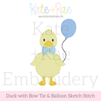 Birthday Duck with Balloon Sketch Stitch Embroidery Design: Design preview of a yellow sketch stitch duck with a blue bow tie holding a blue balloon
