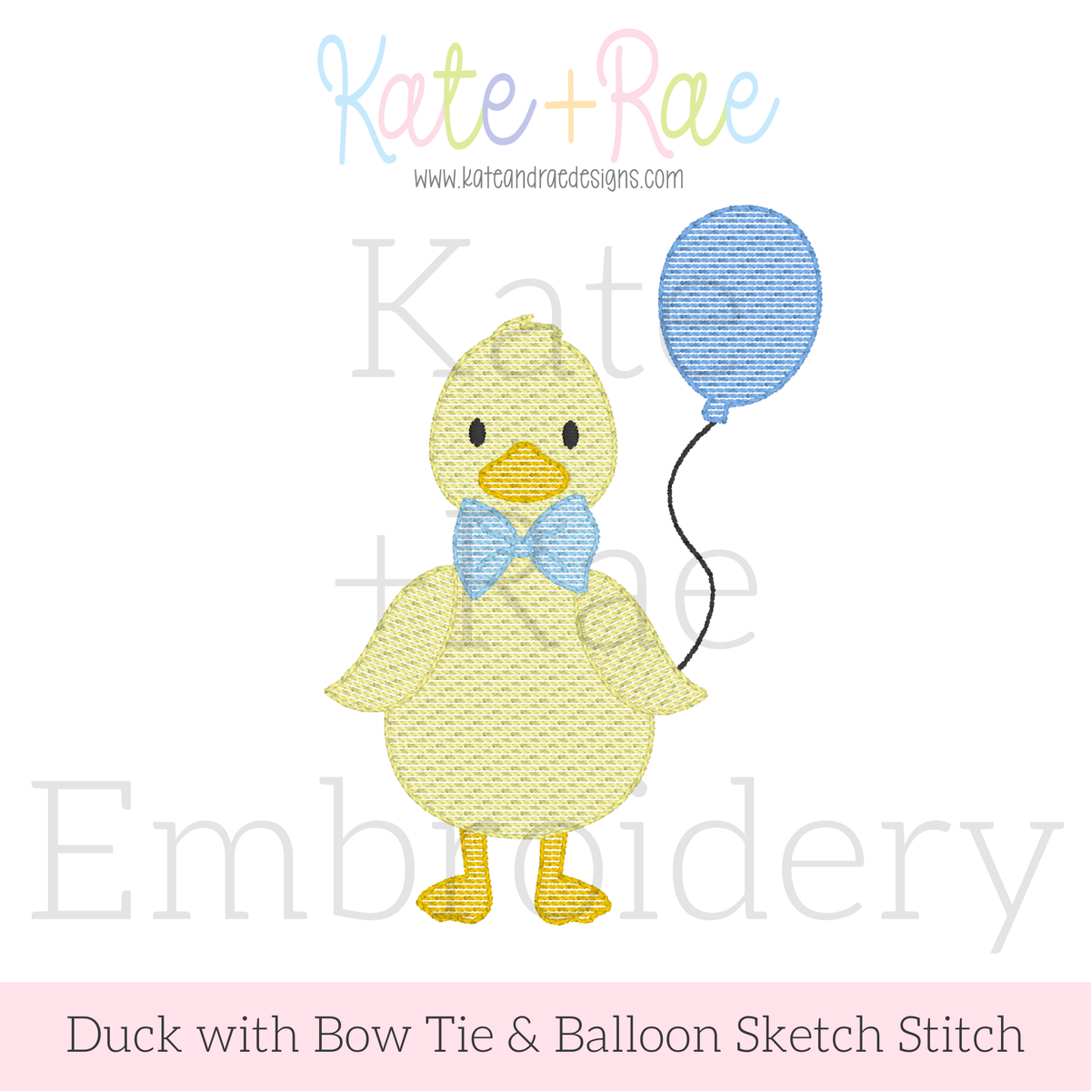 Birthday Duck with Balloon Sketch Stitch Embroidery Design: Design preview of a yellow sketch stitch duck with a blue bow tie holding a blue balloon