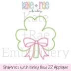 Shamrock with Bow Zigzag Stitch Applique Embroidery Design: Design preview of a green zigzag shamrock outline with a pink Kinley bow