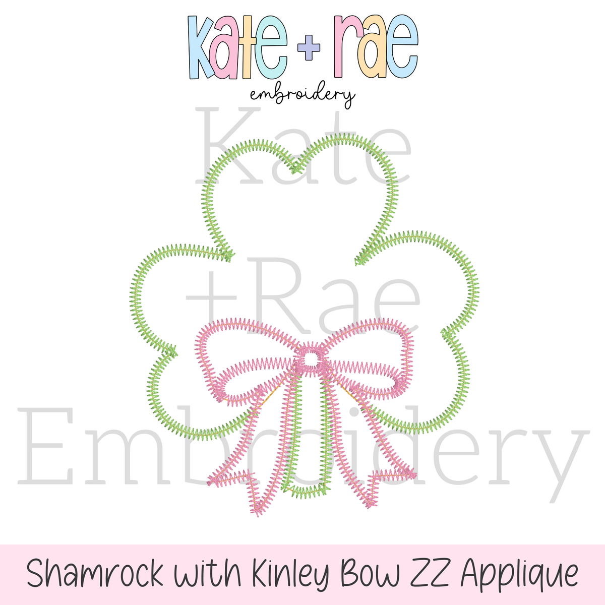 Shamrock with Bow Zigzag Stitch Applique Embroidery Design: Design preview of a green zigzag shamrock outline with a pink Kinley bow