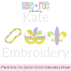 Girl's Mardi Gras Trio Sketch Stitch Embroidery Design: Design preview of pastel Mardi Gras beads, a yellow mask with feathers, and a purple fleur de lis in sketch stitch