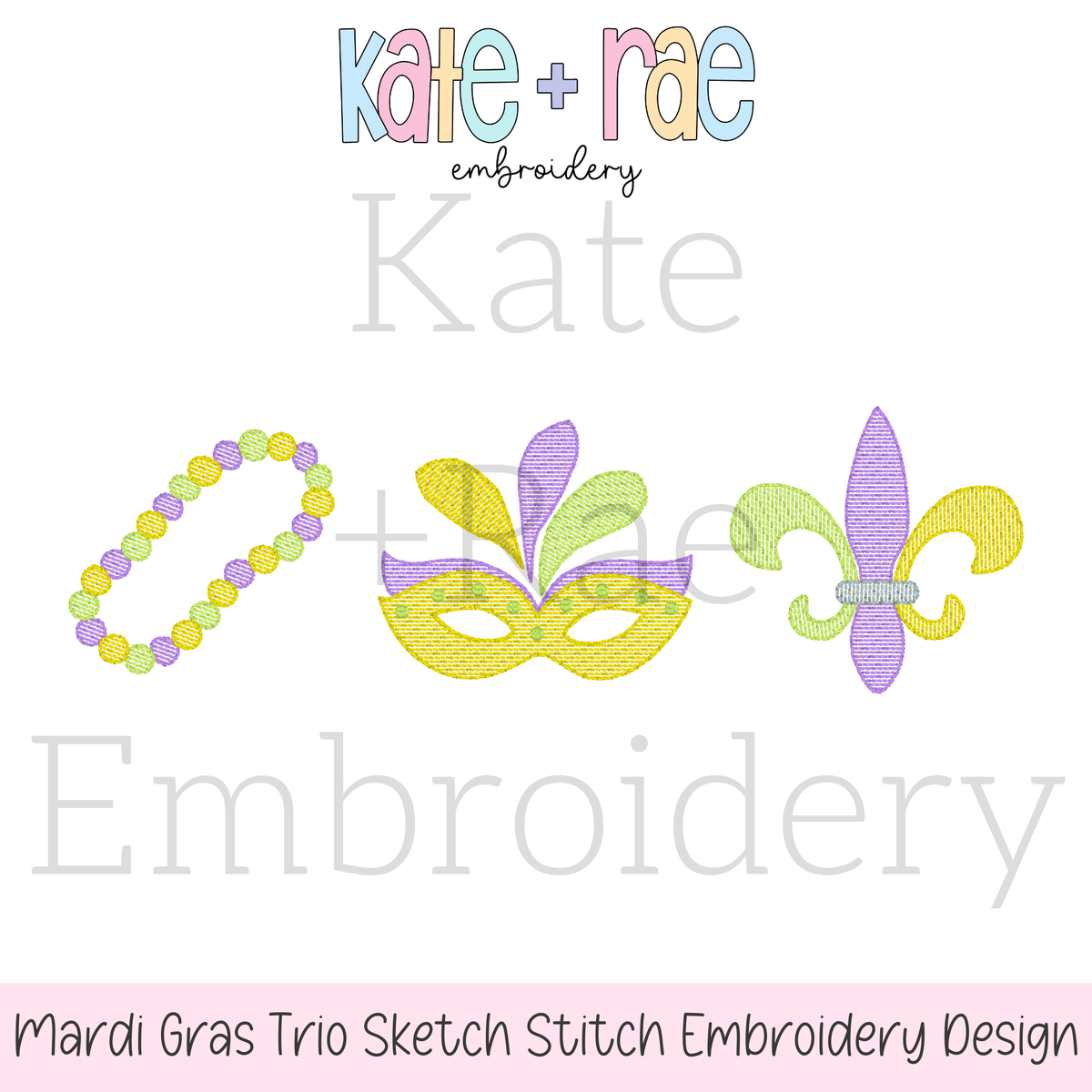 Girl's Mardi Gras Trio Sketch Stitch Embroidery Design: Design preview of pastel Mardi Gras beads, a yellow mask with feathers, and a purple fleur de lis in sketch stitch