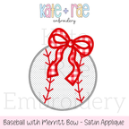 Baseball/ Softball with Merritt Bow Satin Stitch Embroidery Design: Design preview of a satin outline baseball with a red gingham Merritt bow