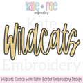 Wildcats Script Sketch Stitch with Satin Stitch Outline Embroidery Design: Design preview of Wildcats in gold sketch stitch script with a satin outline