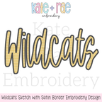 Wildcats Script Sketch Stitch with Satin Stitch Outline Embroidery Design: Design preview of Wildcats in gold sketch stitch script with a satin outline