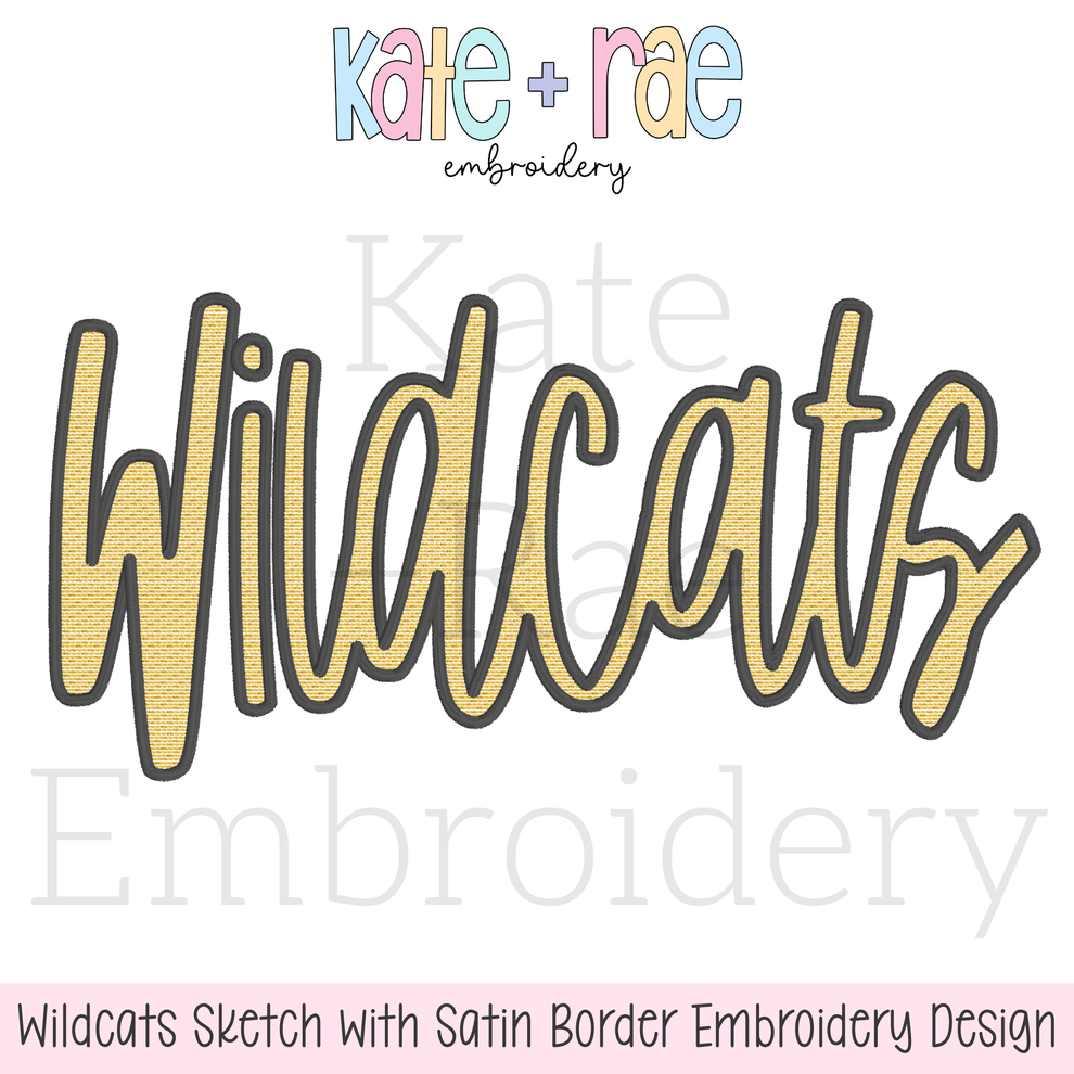 Wildcats Script Sketch Stitch with Satin Stitch Outline Embroidery Des ...