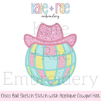 Disco Cowgirl Satin Stitch Applique Embroidery Design: Design preview of a pastel disco ball sketch stitch with a pink glitter applique cowgirl hat