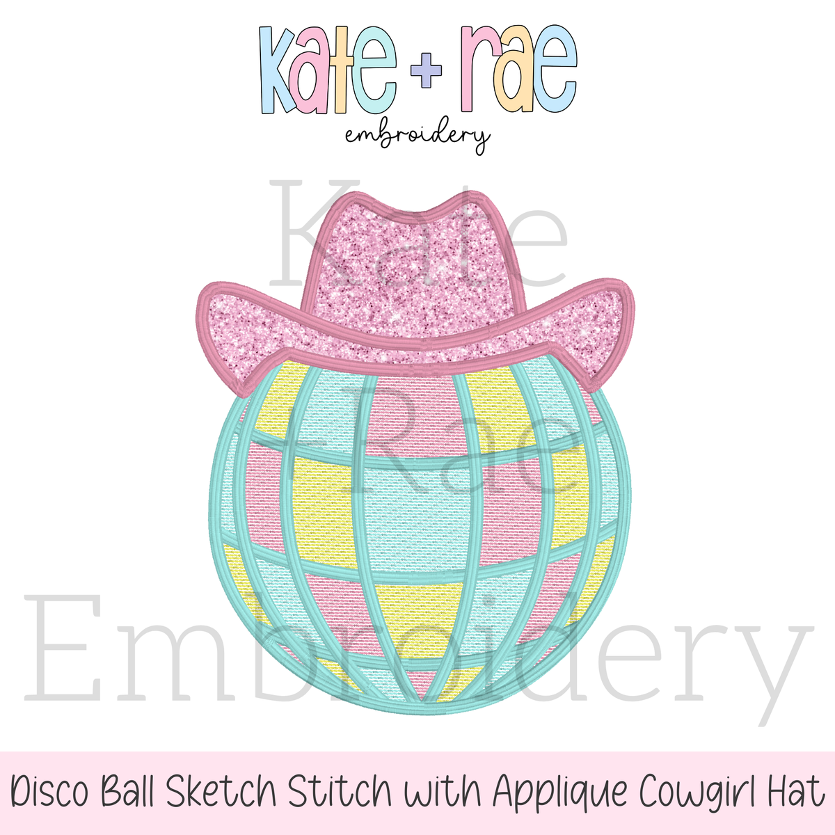 Disco Cowgirl Satin Stitch Applique Embroidery Design: Design preview of a pastel disco ball sketch stitch with a pink glitter applique cowgirl hat