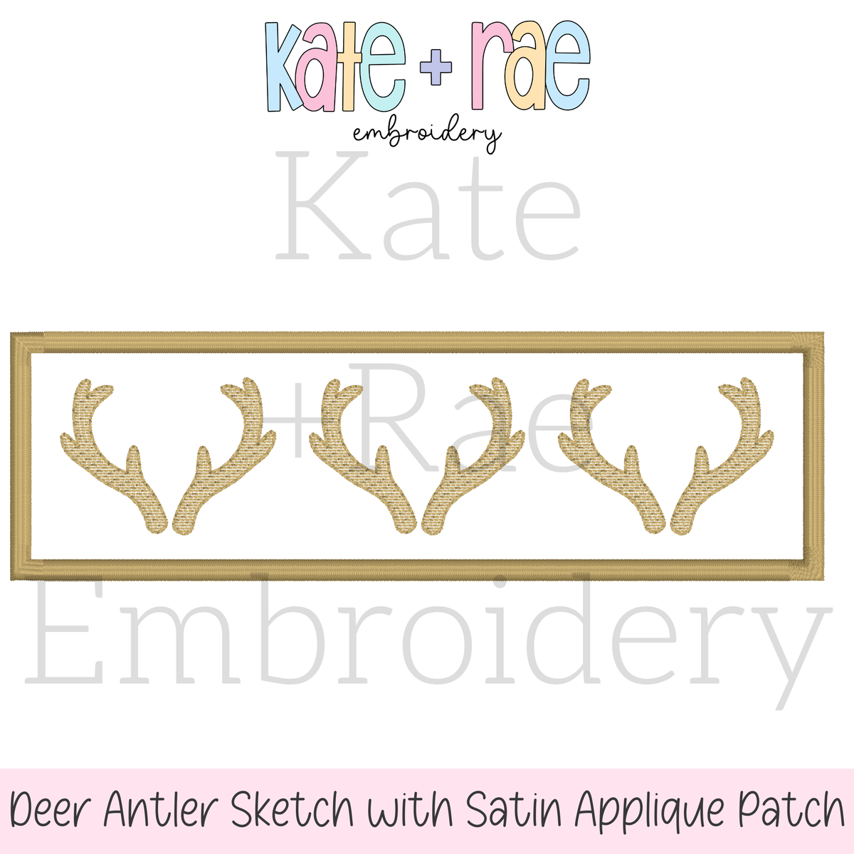 Deer Antler Sketch Stitch with Satin Applique Patch Embroidery Design: Design preview of three tan sketch stitch deer antlers on a rectangle satin applique patch