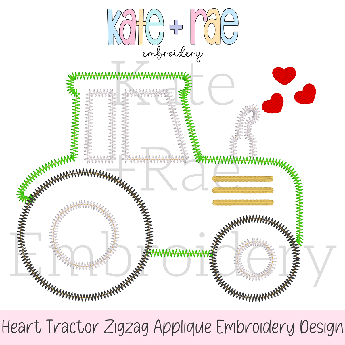 Tractor with Hearts Zigzag Stitch Applique Embroidery Design: Design preview of a green zigzag outline tractor with red hearts