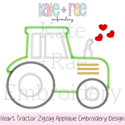 Tractor with Hearts Zigzag Stitch Applique Embroidery Design