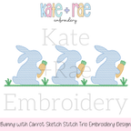 Boy's Easter Bunny with Carrots Trio Sketch Stitch Embroidery Design: Design preview of three blue sketch stitch bunnies holding carrots on grass
