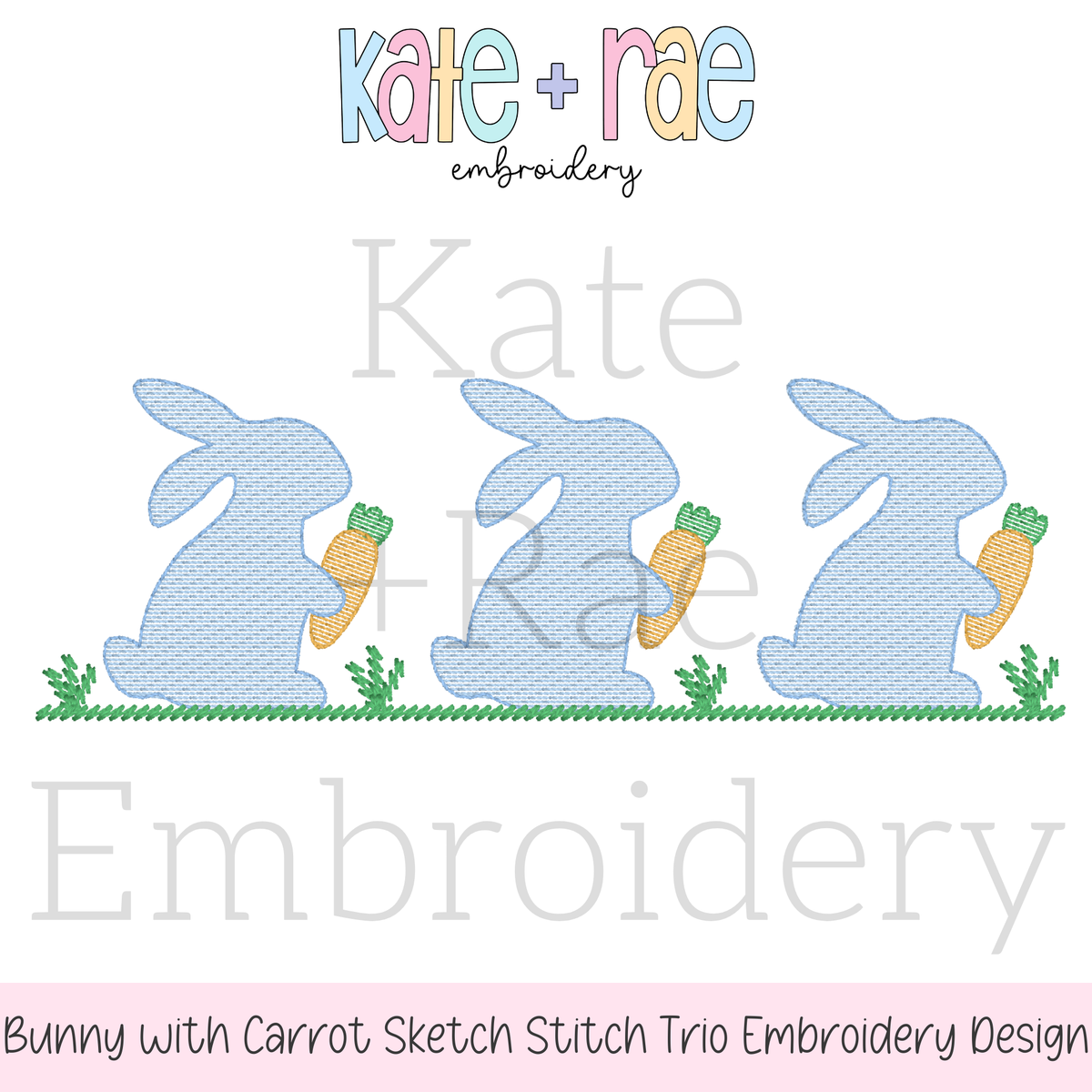 Boy's Easter Bunny with Carrots Trio Sketch Stitch Embroidery Design: Design preview of three blue sketch stitch bunnies holding carrots on grass