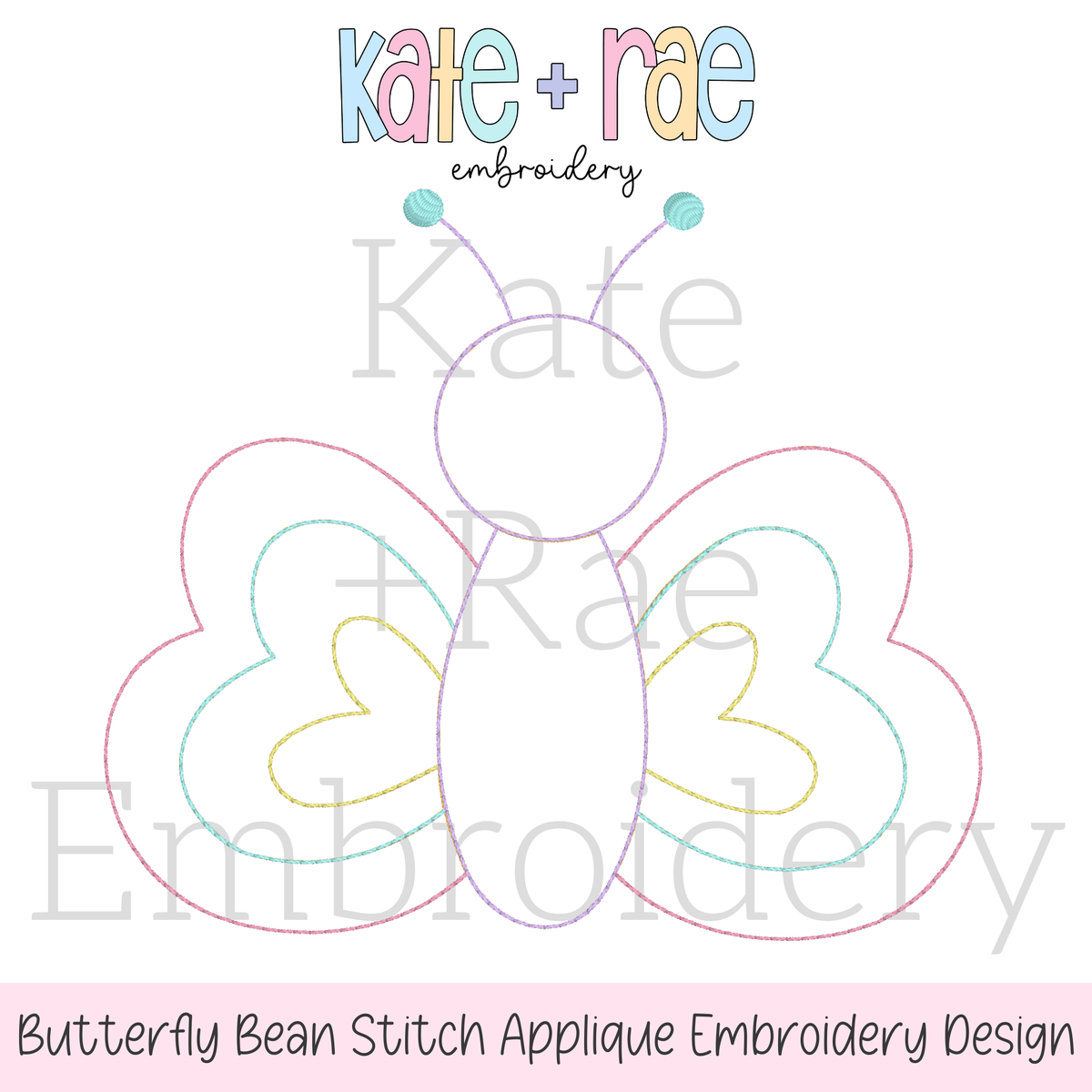 Butterfly Bean Stitch Applique Embroidery Design: Design preview of a pastel butterfly outline for bean stitch applique
