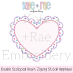 Scalloped Double Heart Zigzag Stitch Applique Embroidery Design: Design preview of a pink polka dot double scalloped heart for zigzag stitch applique