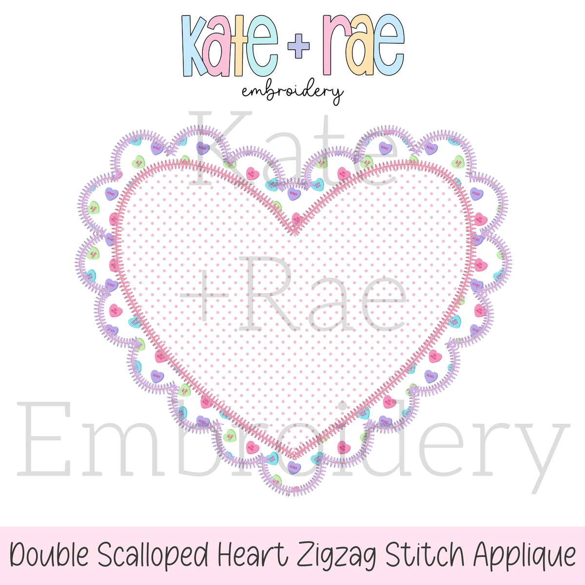 Scalloped Double Heart Zigzag Stitch Applique Embroidery Design: Design preview of a pink polka dot double scalloped heart for zigzag stitch applique