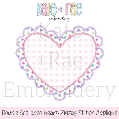 Scalloped Double Heart Zigzag Stitch Applique Embroidery Design