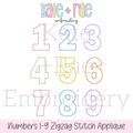 Birthday Numbers Zigzag Stitch Applique Embroidery Design: Design preview of numbers 1 to 9 in pastel zigzag stitch outline appliques