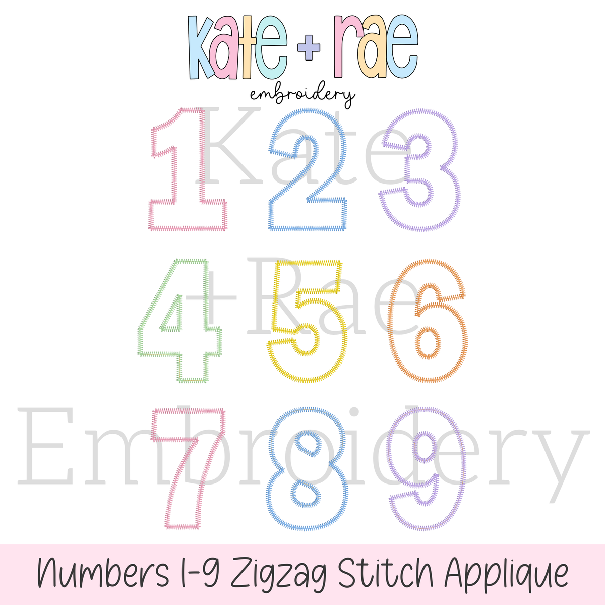 Birthday Numbers Zigzag Stitch Applique Embroidery Design: Design preview of numbers 1 to 9 in pastel zigzag stitch outline appliques