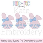 Girl's Fuzzy Easter Bunny Trio Sketch Stitch Embroidery Design: Design preview of three pink fuzzy bunnies with blue bows and whiskers, available in 5x5, 5x7, 6x6, 7x7, and 8x8