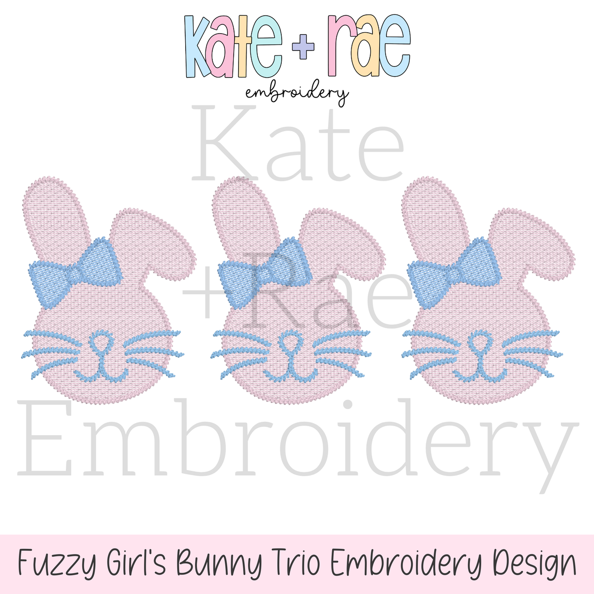 Girl's Fuzzy Easter Bunny Trio Sketch Stitch Embroidery Design: Design preview of three pink fuzzy bunnies with blue bows and whiskers, available in 5x5, 5x7, 6x6, 7x7, and 8x8