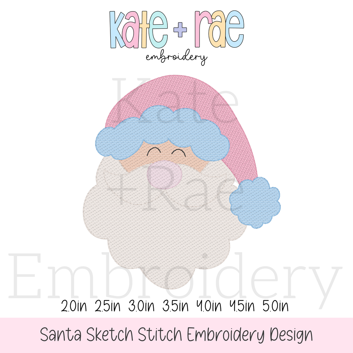 Santa Claus Sketch Stitch Embroidery Font: Design preview of a sketch stitch Santa face with a pink hat and blue trim, available in 2 to 5 inch sizes