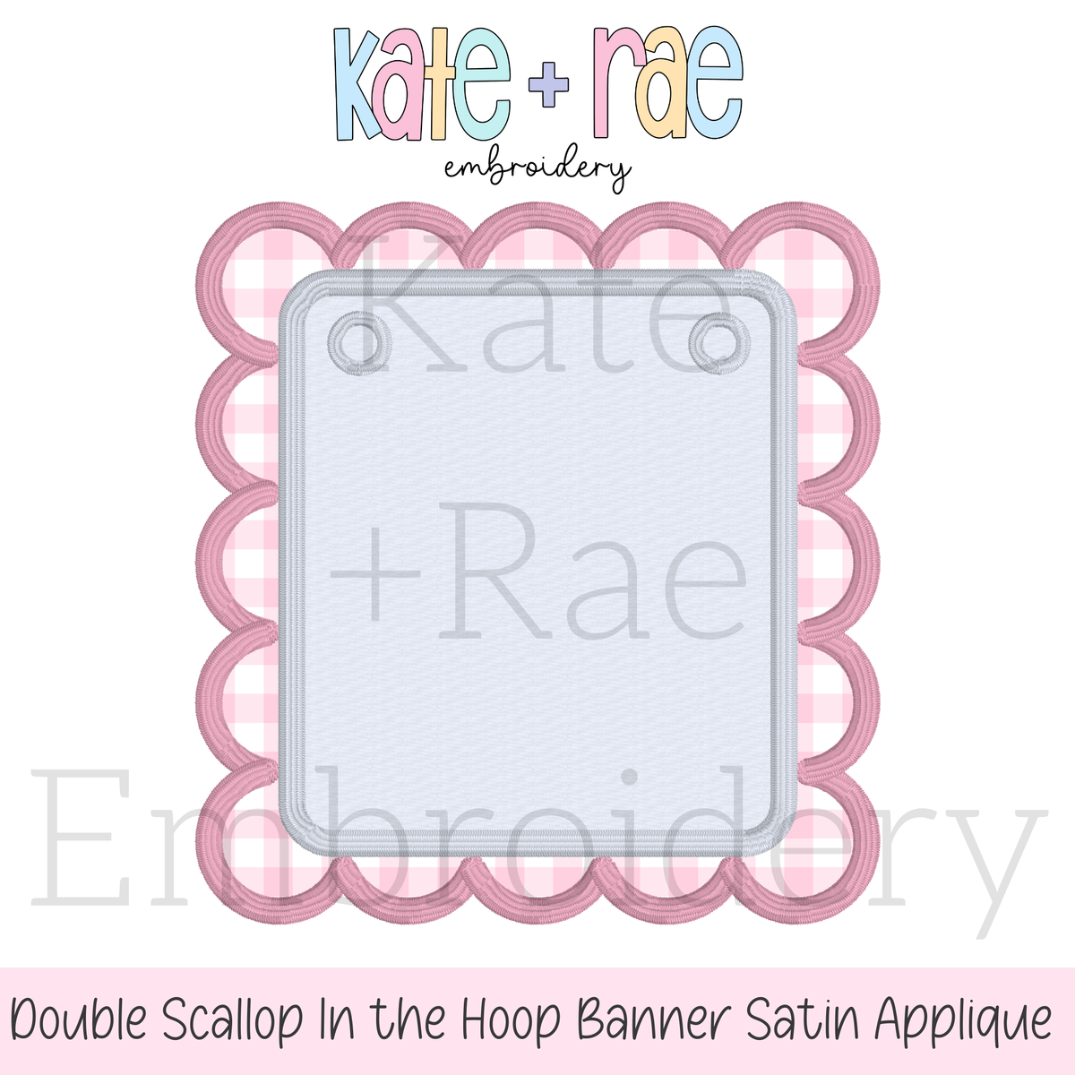 Scalloped Double Satin Stitch Applique Bag Tag, Basket Tag or Banner Embroidery Design: Design preview of a pink double scallop in the hoop satin applique tag or banner
