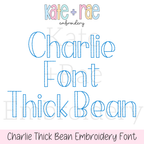 Charlie Thick Bean Stitch Embroidery Font: Font preview reading Charlie Font Thick Bean in blue outline lettering