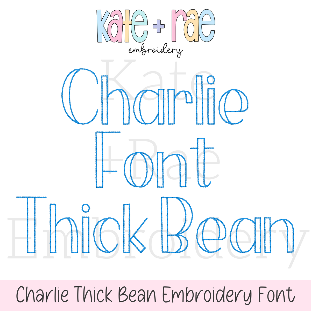 Charlie Thick Bean Stitch Embroidery Font: Font preview reading Charlie Font Thick Bean in blue outline lettering