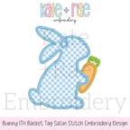 Bunny Easter Basket Tag Satin Stitch Applique Embroidery Design: Design preview of a blue gingham in the hoop satin stitch bunny basket tag holding a carrot