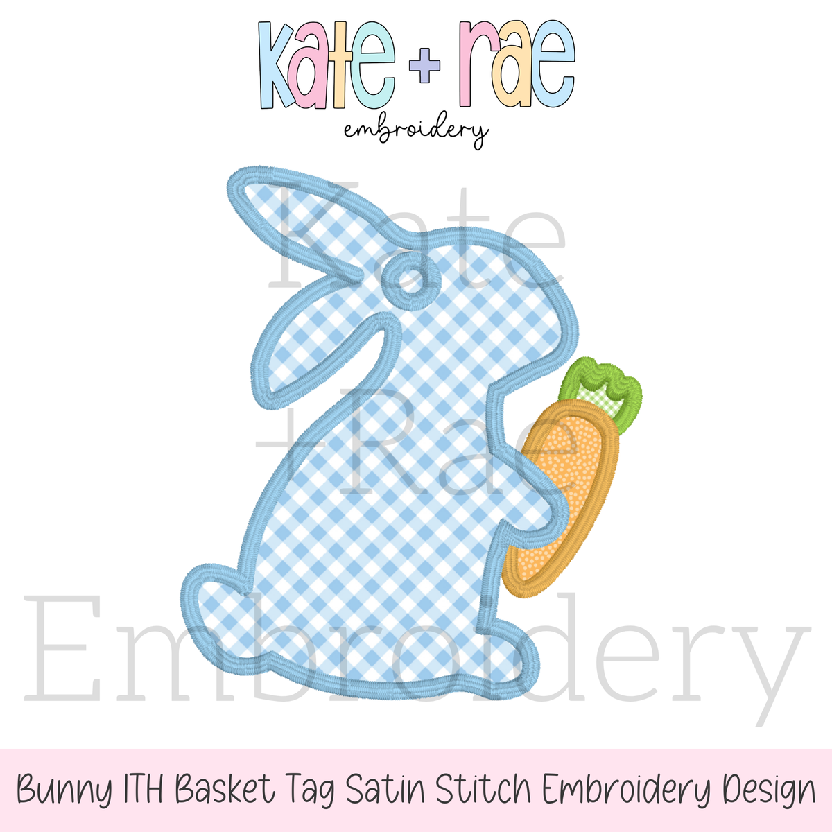Bunny Easter Basket Tag Satin Stitch Applique Embroidery Design: Design preview of a blue gingham in the hoop satin stitch bunny basket tag holding a carrot