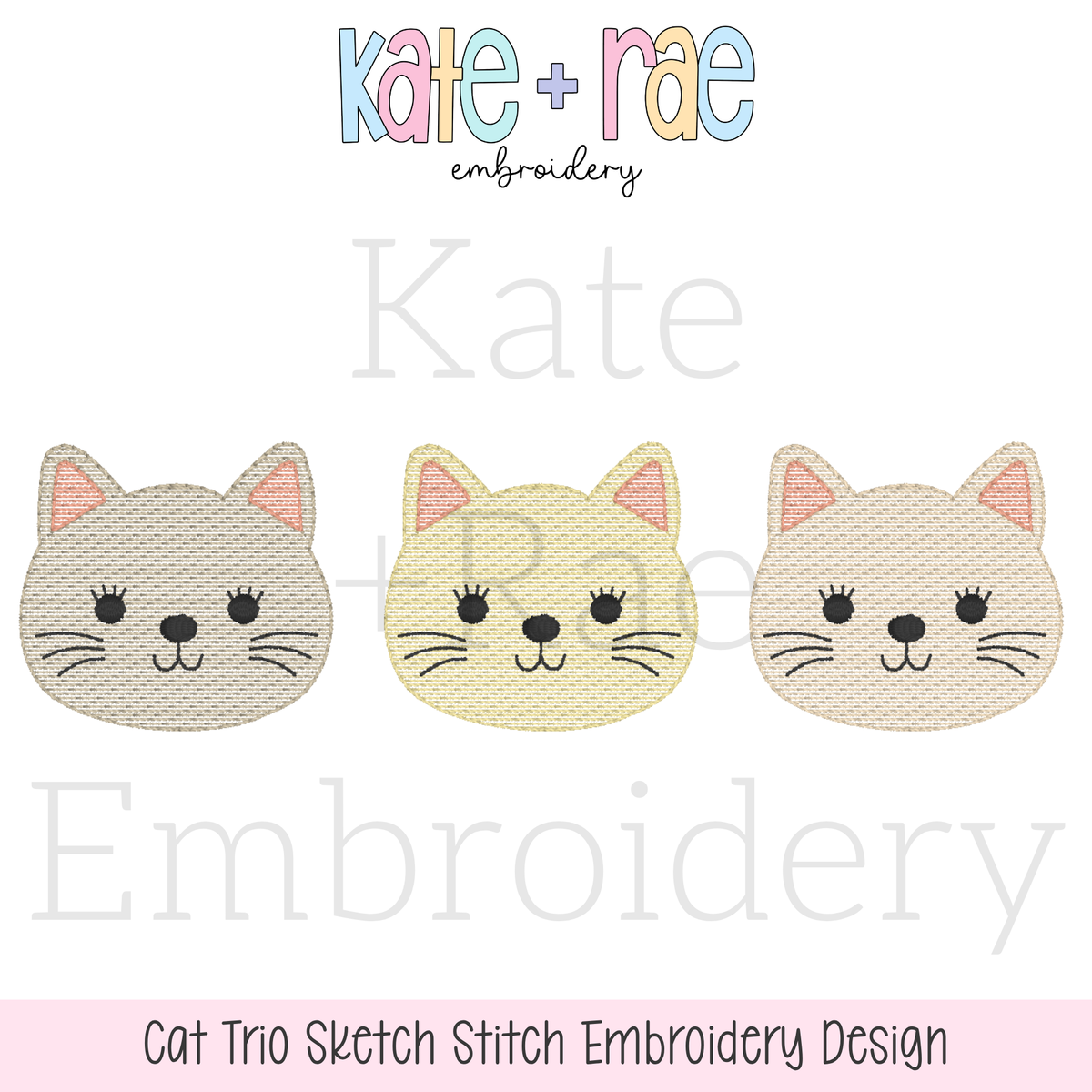 Cat Trio Sketch Stitch Embroidery Design: Design preview of three gray, yellow, and cream sketch stitch cat faces