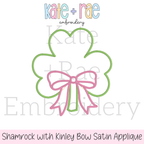 Shamrock with Kinley Bow Satin Stitch Applique Embroidery Design: Design preview of a green satin outline shamrock with a pink Kinley bow