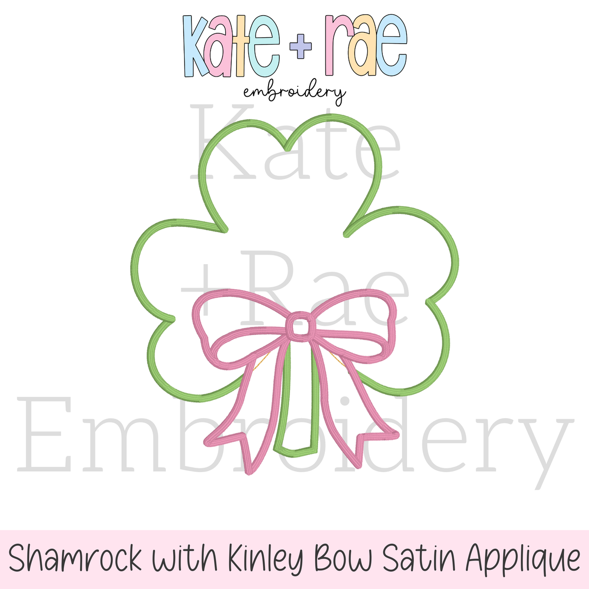 Shamrock with Kinley Bow Satin Stitch Applique Embroidery Design: Design preview of a green satin outline shamrock with a pink Kinley bow