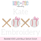Girls Softball/ Baseball XOXO with Bows Sketch Stitch Embroidery Design: Design preview of crossed bats and baseballs with pink bows spelling XOXO in sketch stitch