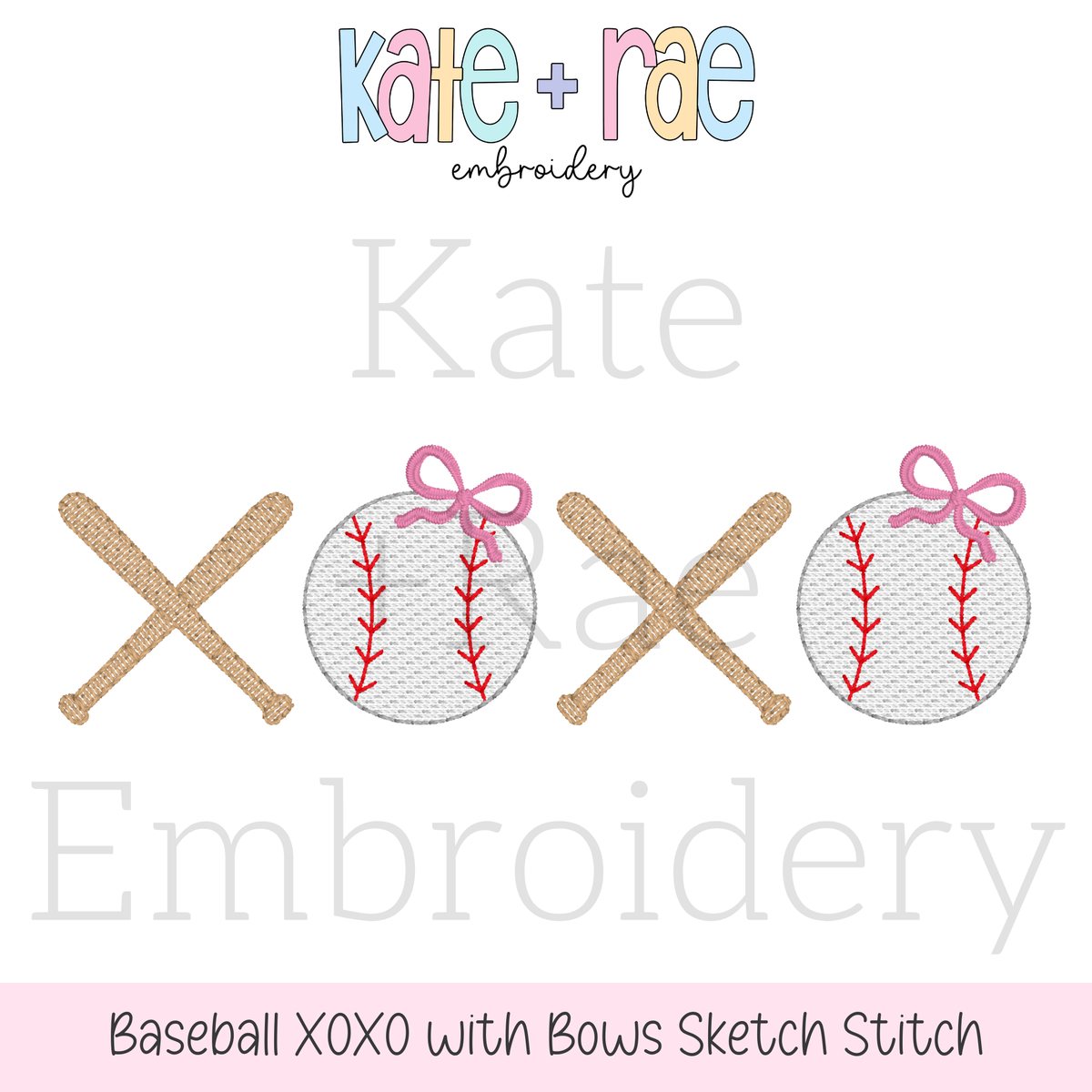 Girls Softball/ Baseball XOXO with Bows Sketch Stitch Embroidery Design: Design preview of crossed bats and baseballs with pink bows spelling XOXO in sketch stitch