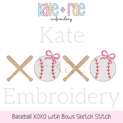 Girls Softball/ Baseball XOXO with Bows Sketch Stitch Embroidery Design