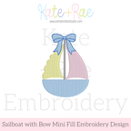 Girl's Sailboat with Bow Mini Fill Stitch Embroidery Design: Design preview of a pastel mini fill sailboat with a blue bow
